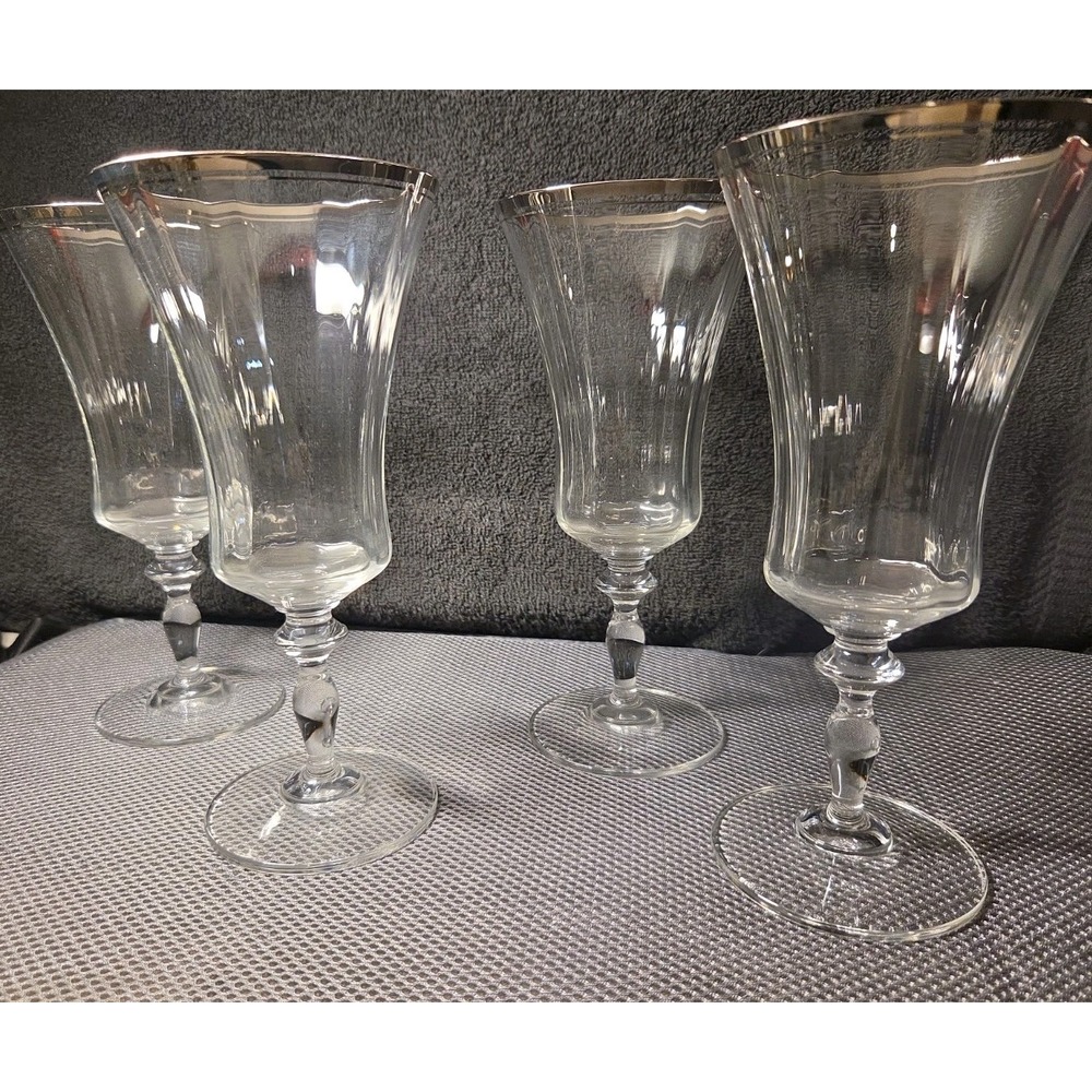 Mikasa Sonata Platinum Crystal Water Goblets 8" Silver Rim Set of 4